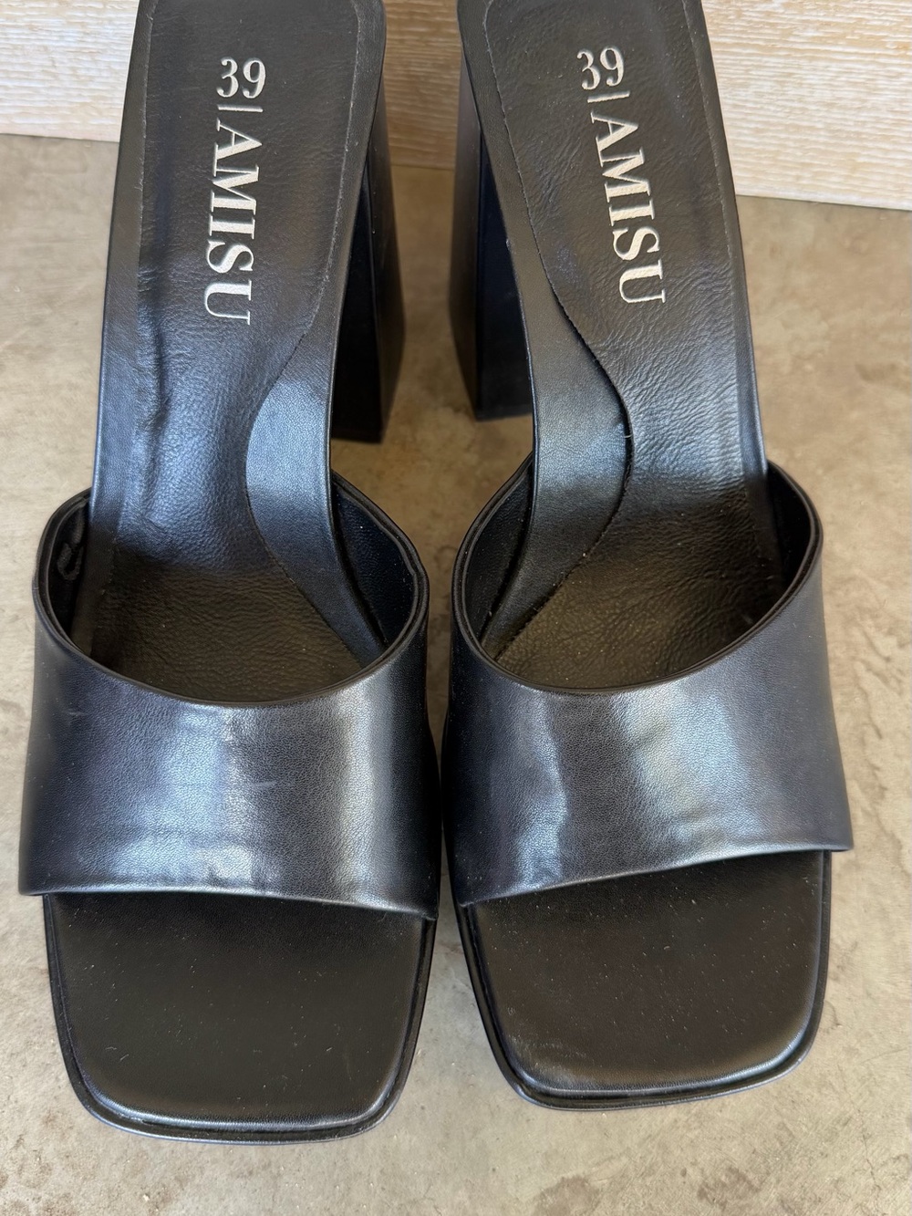 Amisu Black Square Toe Block Heel Slide Mules